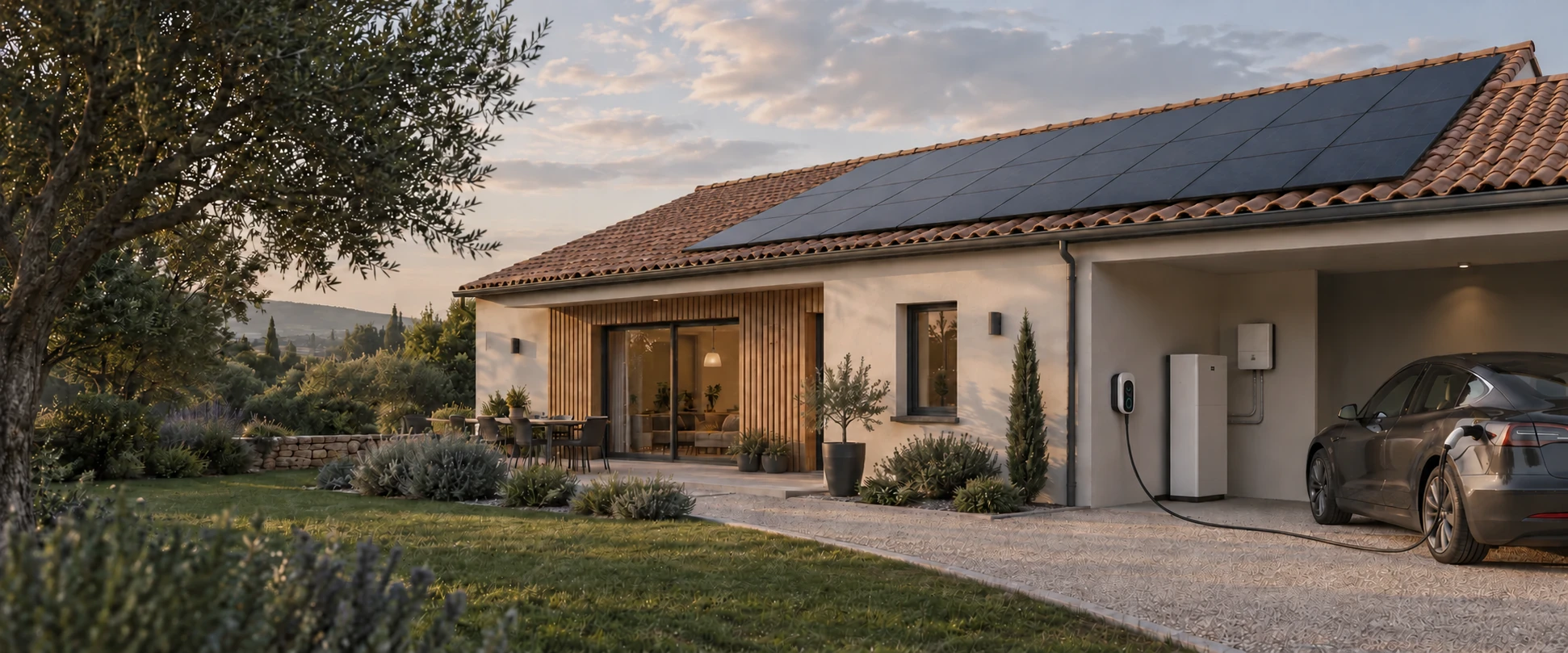 Illustration d’une maison équipée de panneaux photovoltaïques, d’une borne de recharge et d’une batterie de stockage