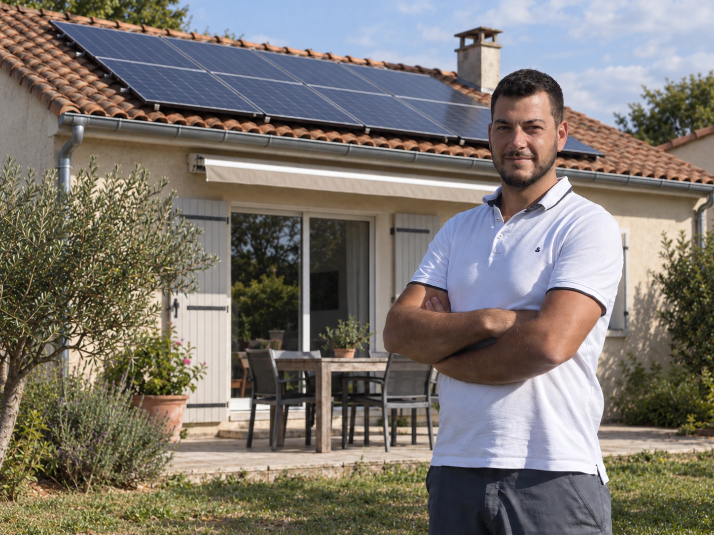 Mikaël Alves devant une maison équipée de panneaux photovoltaïques